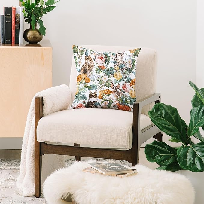 Society6 Cat and Floral Pattern III Throw Pillow Insert-Home Decor by Burcu Korkmazyurek, 20" x 20"
