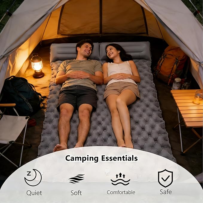 SNZ Camping Sleeping Pad, Ultralight Camping Mat with Pillow, Built-in Foot Pump Inflatable Sleeping Pads Compact for Backpacking, Tent, Travel, Outdoor Activities (Double)