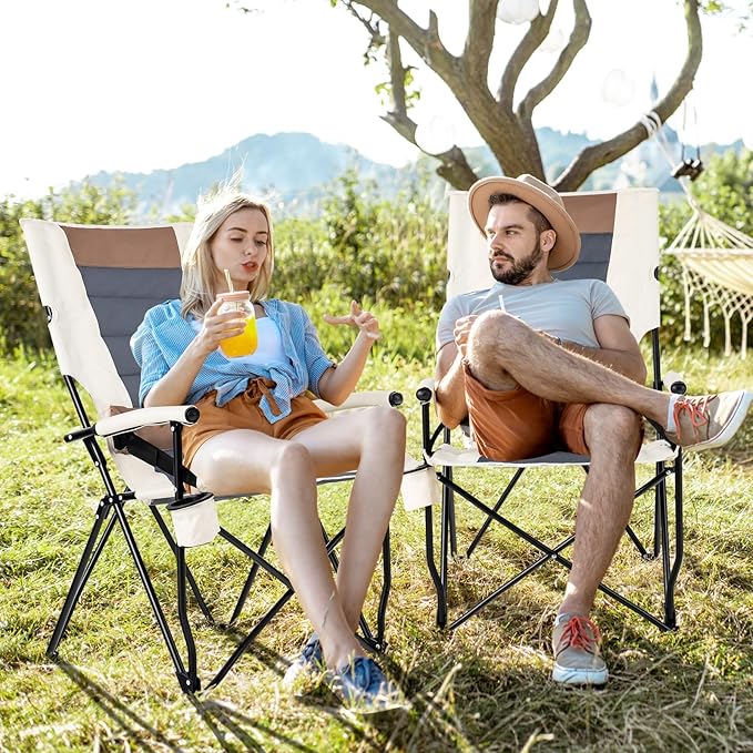 HAPPYGRILL Folding Camping Chair Set of 2, Portable Lawn Chair with Cup Holder & Carrying Bag, 330 LBS Folding Chair for Outside Fishing Travel Swimming Picnic
