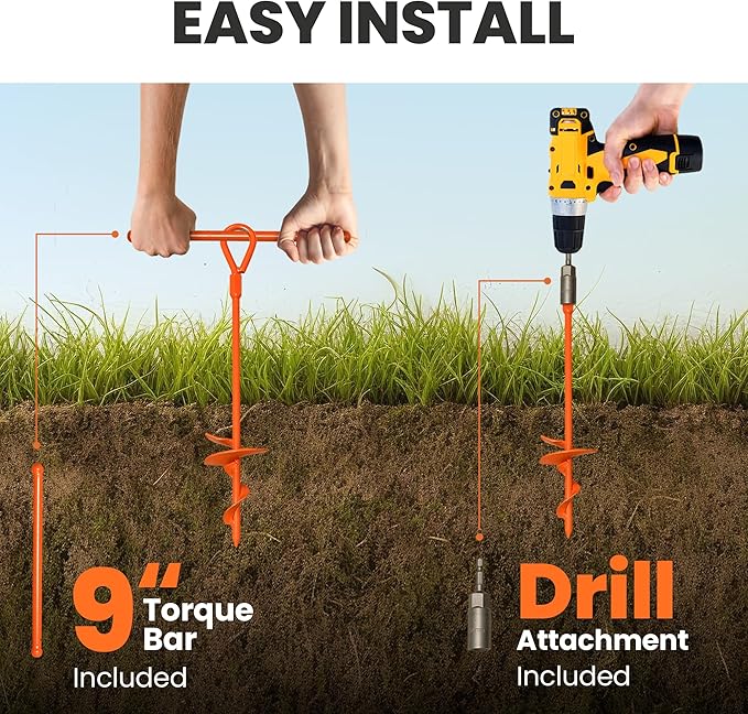 15 inch 4 Pack Ground Anchor Stakes, High Visibility Multi-Purpose Heavy Duty Metal Earth Augers for Tents, Canopies, Trampoline Sheds, Car Ports, Swing Sets, (Orange-4 Pack)