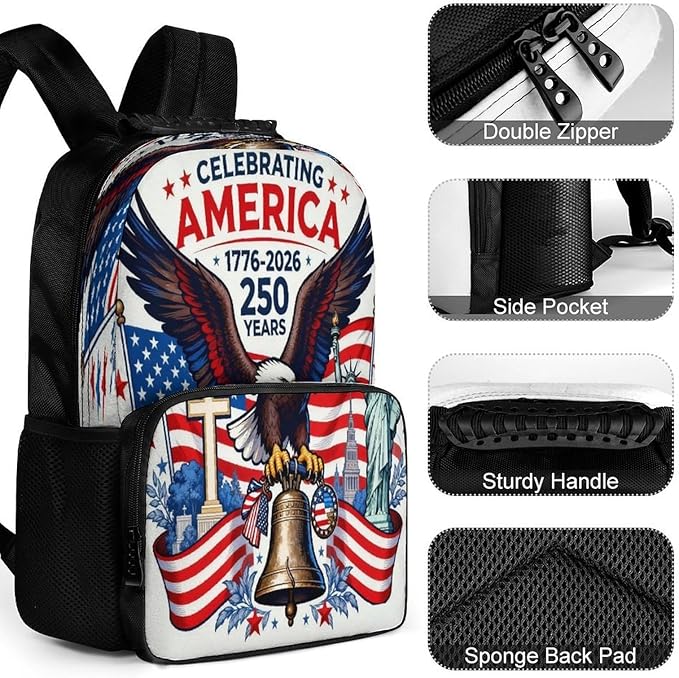 Men Women Lightweight 250th Anniversary Freedom Eagle Art Daypack Bookbag Big Capacity Carry On Bag With Side Pockets for Camping Travel Bicycle