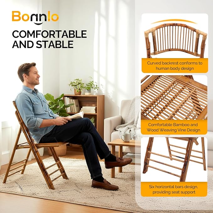 Bonnlo Bamboo Folding Chairs 1/2/4 Pack Foldable Dining Wood Chairs for Outdoor Indoor Garden Patio Lawn Porch Wedding Party Event