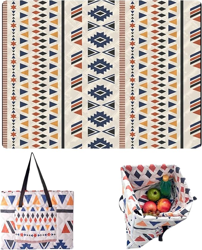 Outdoor Packable Picnic Blanket with Zipper Folds into Tote Bag with Large Storage and Shoulder Strap, Waterproof Sandproof for Lawn Beach Hiking Camping (colorful1, Small)