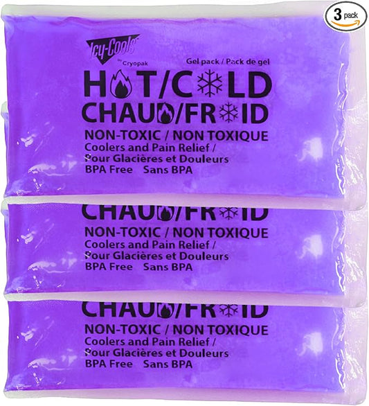 ICY-COOLS 3 Pack Reusable Hot or Cold Gel Ice Packs for Injuries, Multipurpose Ice Packs for Lunch Boxes, Long-Lasting Cold Therapy for Pain Relief, 4 x 8 Inches (Purple)