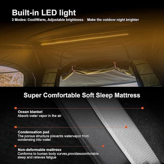 Naturnest Orion Pro Easy Setup Rooftop Tent, Unique Elevated Space Design, Large Space Hardshell Car Tent Equipped with USB Port and LED Light Strip, Suitable for Jeeps, Trucks, 2-3 Person