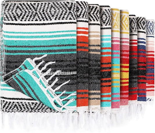 Peryiter 9 Pcs Mexican Blanket Bulk Large Yoga Blanket Striped Falsa with Fringed for Outdoor Beach Picnic Couch, 45 x 70 inch(Bright Colors)
