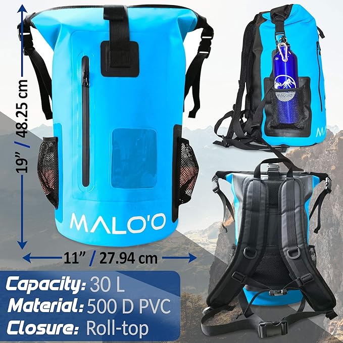 Malo’o DryPack 30L Waterproof Backpack, Roll-Top Dry Bag Backpack with Padded Straps, Floating Design for Beach, Kayaking, Fishing, Boating, Travel, and Water Sports, Blue
