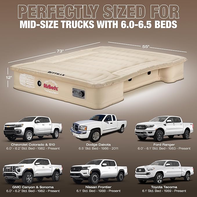Pittman - Tacoma Truck Bed Mattress 6.5 Foot > 6ft - Airbedz Mid Size Truck Bed Air Mattress 6.5' - Built in Pump & 25% More Coverage for Pickup Camping - PPI-503