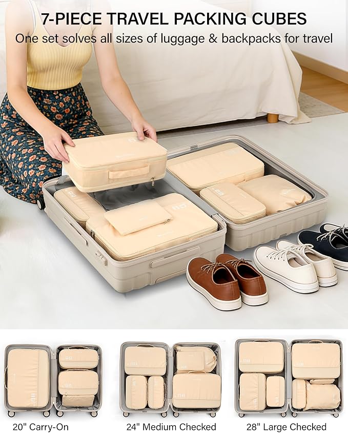 Hanke 7 Piece Expandable Compression Packing Cubes, Premium Travel Packing Organizers for Suitcases/Carry On, Luggage Organizer Bags with Breathable Mesh & Label,Off White