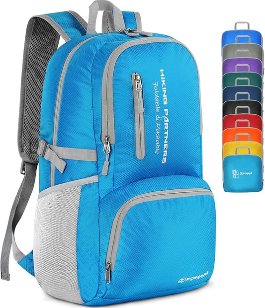 ZOMAKE Lightweight Packable Backpack, 35L Light Foldable Hiking Backpacks Water Resistant Collapsible Daypack for Travel(Light Blue)