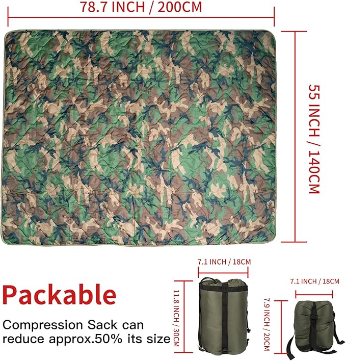 LOOGU Camo Blanket Waterproof Insulation Poncho Liner for Outdoor Camping, Hiking, Hunting, Survival, Backpacking, Picnicking