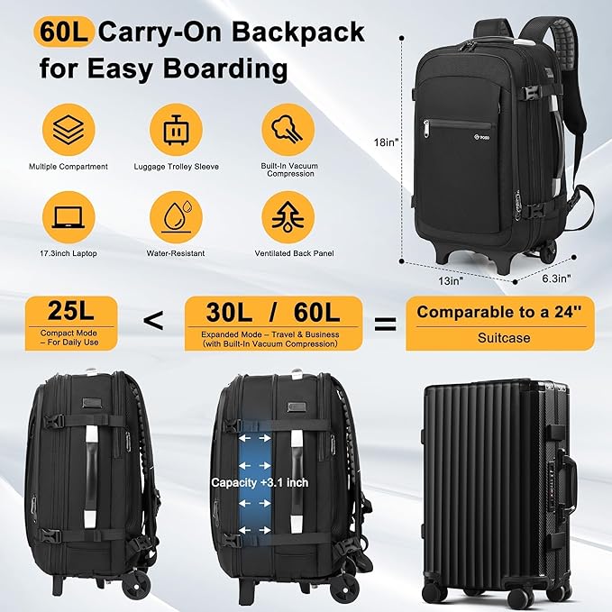 POSO Vacuum Backpack Travel with Pump - 60L Expandable Air Compression System, Vacuum Seal Easyvacpack w/Detachable Wheels, Water Resistant Carry-On Luggage for Traveler Graduate, TSA Lock - Black
