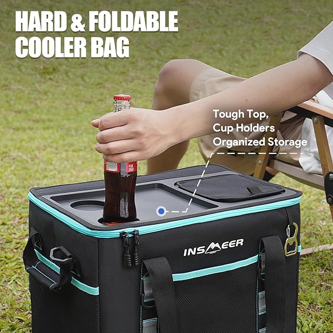 INSMEER Soft Cooler Bag with Hard Shell & 2 Cup Holders, Portable 40L/70 Cans Collapsible Cooler Bags Insulated with Leakproof for Travel, ice chests and Cooler Lunch Box for Beach Camping Picnic