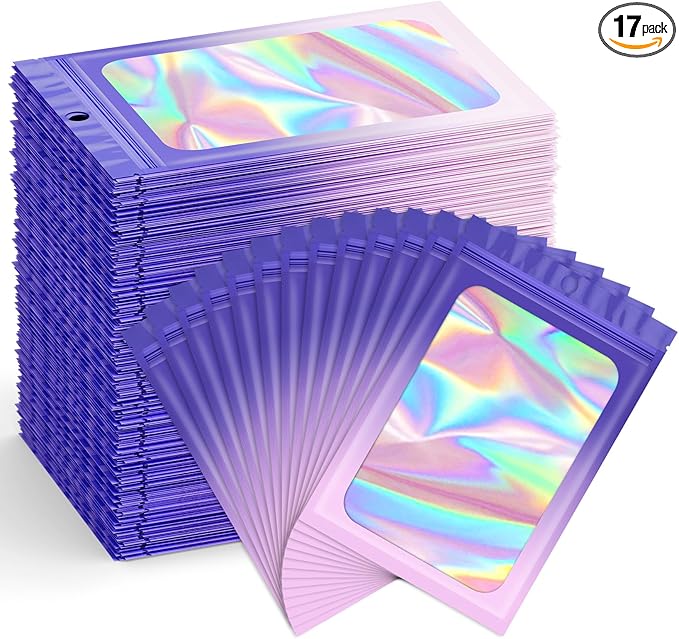 Funfery 300 Pack Smell Proof Resealable Bags for Food Storage,Holographic Bags 4x6 Purple Pink Mylar Clear Packaging Bag- Scent Proof for Cookies, Zip Foil Pouch for Small Business