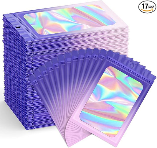 Funfery 300 Pack Smell Proof Resealable Bags for Food Storage,Holographic Bags 4x6 Purple Pink Mylar Clear Packaging Bag- Scent Proof for Cookies, Zip Foil Pouch for Small Business