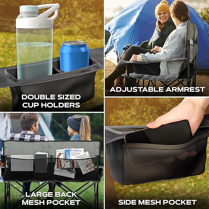 Oversized Fully Padded Double Camping Chair, Portable Folding Loveseat w/Side & Back Pockets, Adjustable Armrests, Double-Sized Cup Holders for Outdoor, Indoor, Supports 530LBS (Black)