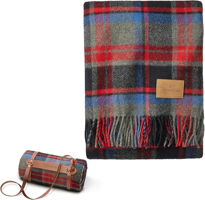 Pendleton Wool Blanket - Camping Blanket with Leather Strap Carrier - Plaid, Soft, Virgin Wool, Backpacking Blanket for Warmth and Comfort, Outdoor Adventures, Travel, Picnics, and Cozy Home Comfort