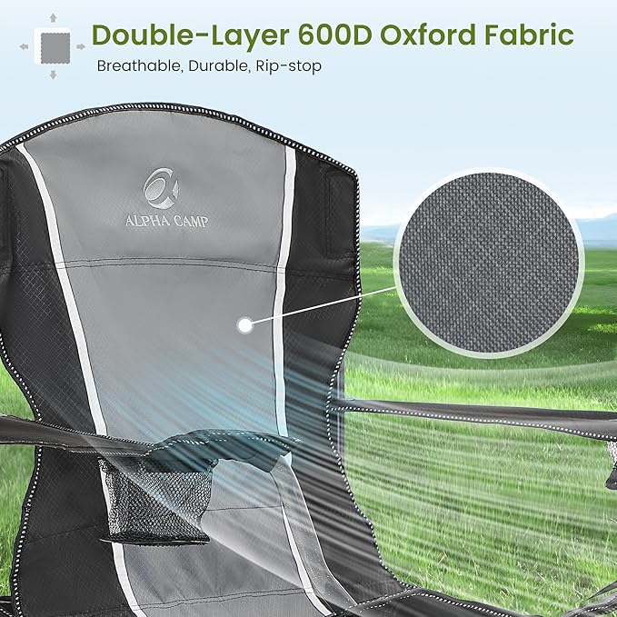 ALPHA CAMP Oversized Camping Folding Chair - Heavy Duty Steel Frame Support 350 LBS, Collapsible Padded Arm With Cup Holder, Quad Lumbar Back, Portable for Outdoor/Indoor