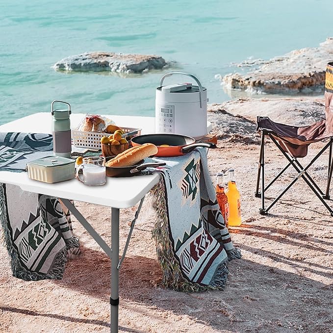 34 Inch Square Folding Table - Resin Square Card Table with Handles, Fold-in-Half, Indoor Outdoor Use for Crafting, Puzzles, Camping, Picnics, Parties and Utility