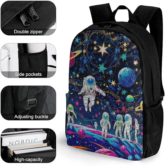 Supdreamc Daypack Anti-Theft Multipurpose Large Capacity Shoulder Bag, Fantasy Cosmic Astronauts Stars Galaxy Art Travel Hiking Camping Rucksack With Smooth Zippers