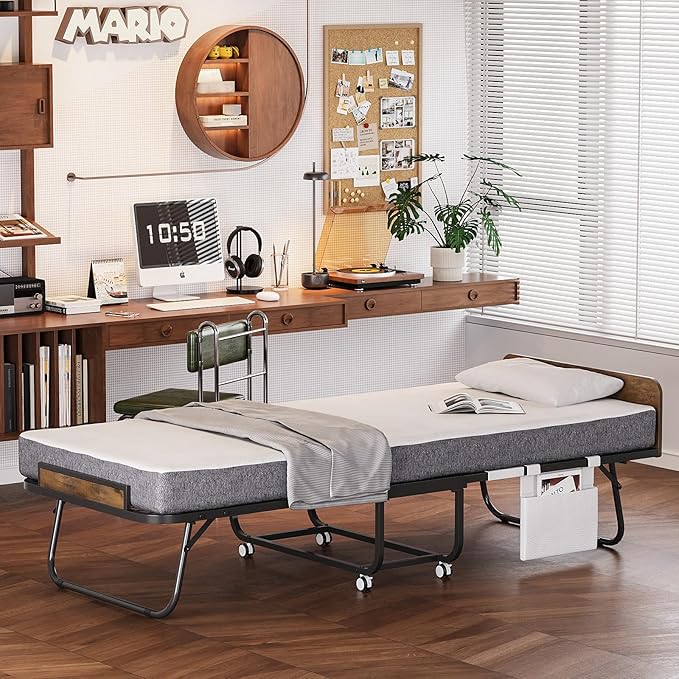 Folding Bed with 5" Mattress Wooden Headboard Side Pocket Cot Size Portable Beds for Adults Folded Guest Bed, Home Office,Fold Up Roll Away Beds for Easy Storage (Rustic Brown, Cot 75x31)
