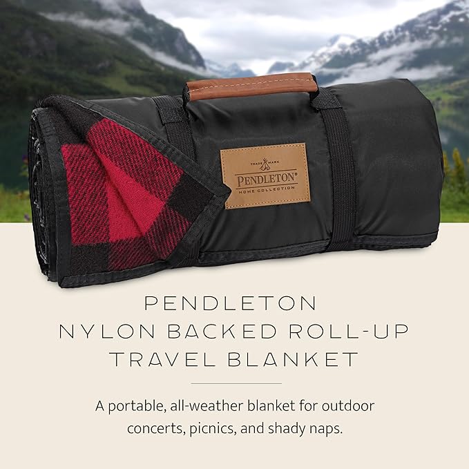 Pendleton Roll-Up Travel Blanket 60” x 70”, Durable Wool Blanket with a Waterproof Nylon Backing, Portable for Travel, Camping and Picnics with Leather Handle Grip and Patch