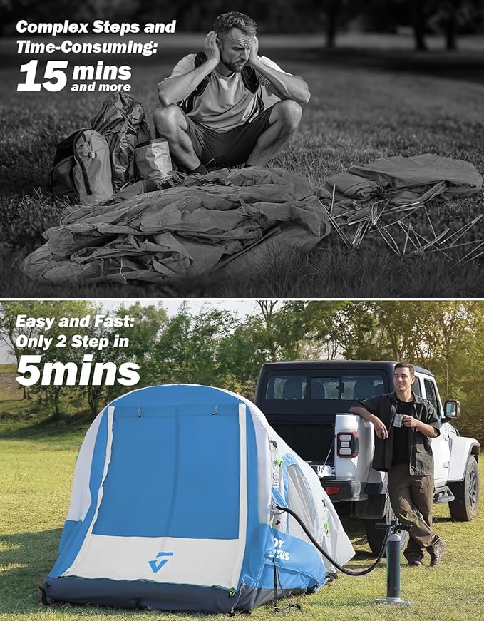 JOYTUTUS Inflatable Truck Bed Tent 5.5-6.5FT with Awning, Includes Air Pump for Quick 30S Setup, Dual-use Pickup or Camping Tent for 2 Person, Truck Tent with Waterproof Roof Shade and 3 Windows