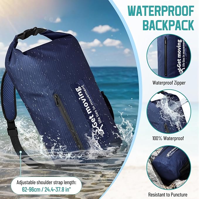 BKNOOU Dry Bag Waterproof for Women Men, 10L/20L Roll Top Lightweight Dry Storage Bag Backpack for Travel, Kayaking, Boating, Rafting, Camping, Hiking and Beach, with Phone Case (Navy Blue, 10L)