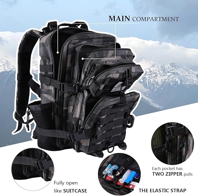 30L MOLLE Assault Pack, Tactical Backpack Military Army Camping Rucksack with Bottle Holder, 3-Day Pack, Black Camo