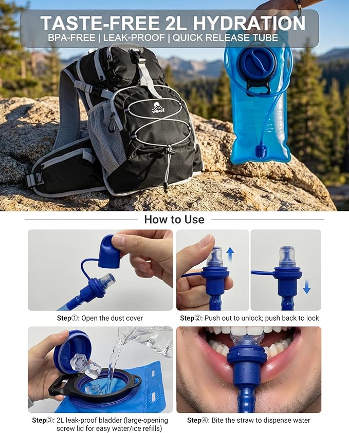 Hydration Backpack with 2L Bladder – Thermal Insulated Water Pack for Hiking, Skiing, Running – Lightweight Daypack for Men & Women, Soft-Lined Sunglasses Pocket & Large Waist Pockets