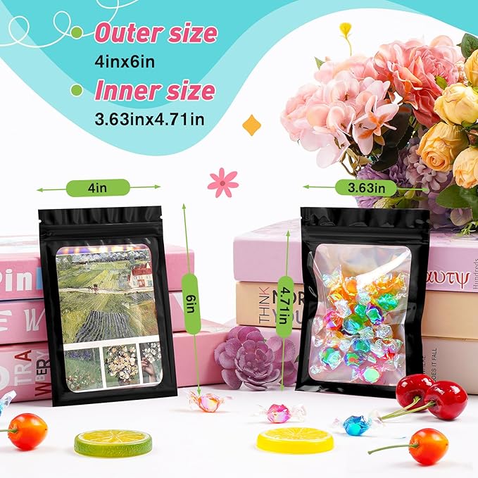 Funfery 300 Pack Smell Proof Resealable Bags for Food Storage,Holographic Bags 4x6 Black Mylar Clear Packaging Bag- Scent Proof for Cookies, Zip Foil Pouch for Small Business, trading card