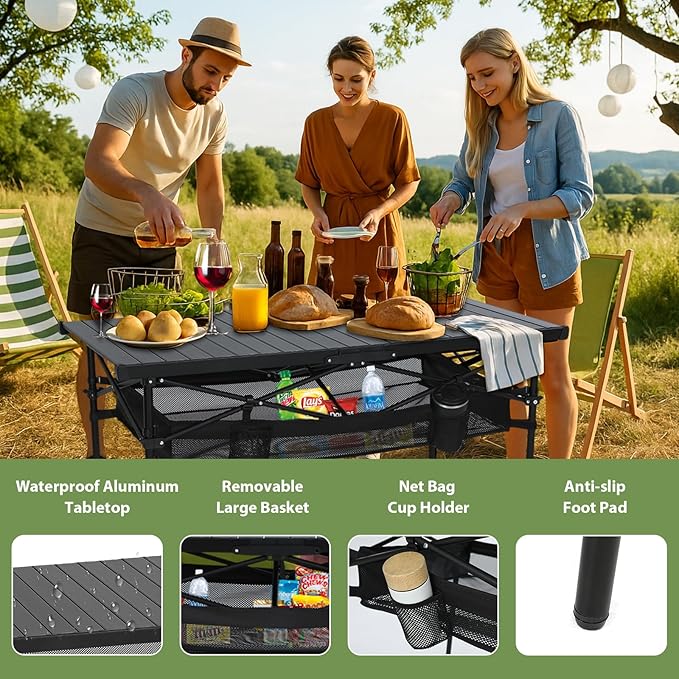 Nice C Portable Folding Camping Table, Aluminum Lightweight Roll-up Top Indoor&Outdoor Table, with Mesh Net, Cup Holder, Carry Bag, Steel Frame, for Camping, Sports, BBQ, Picnic (Black)