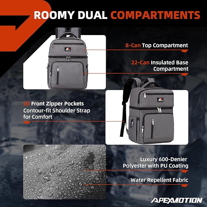 COOLJOB Insulated Cooler Backpack for Men Women, Leakproof Lunch Bag with Waterproof Liner, Double Roomy Deck, RFID, Gray