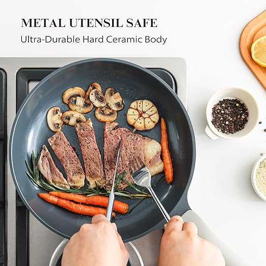 PRICUSIS Nonstick Ceramic Frying Pan, Skillet with Stay Cool Handle,Egg & Omelet & Chef's Pan, Induction Compatible & Oven Safe, Dishwasher Safe, PTFE PFAS & PFOA Free (8+10 Inch)