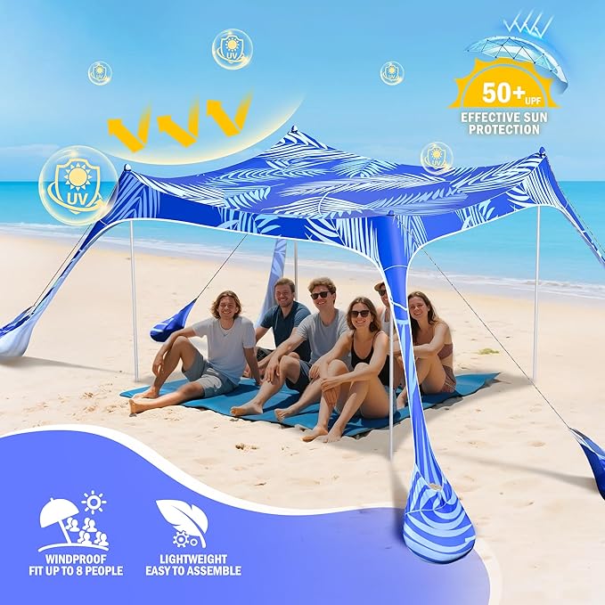 2PM SPORTS Beach Tent Canopy with UPF50+ UV Protection, Outdoor Large Beach Sun Shade Shelter for Family Picnic Camping Travel Shore Fishing, 8 Sandbags, Sand Shovel (Areca Palm, 10x10 FT)