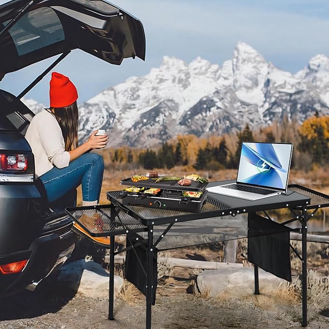 CDEN Camping Table, Grill Table, Folding Outdoor Table with Charging Station, Solar Panel, USB Type-C DC outlets, for Phone provided, 42W Output, 2 Side Shelves, mesh net, Cup Holder