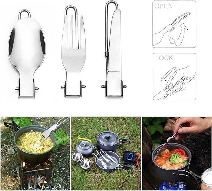 Odoland Camping Cookware Mess Kit, Lightweight Pot Pan Kettle with 2 Cups, Fork Spoon Kit Stainless Steel, gray for Backpacking, Outdoor Camping Hiking and Picnic