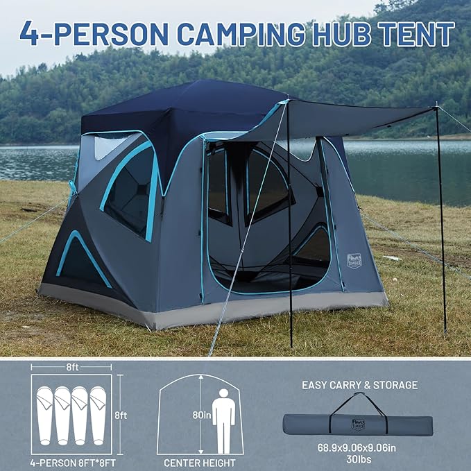 TIMBER RIDGE Instant Pop-Up Weather Resistant Camping Hub Tent, Easy 60 Second Set-Up, Portable 4 Person Tents for Outdoor, Camping, Picnicking, Blue