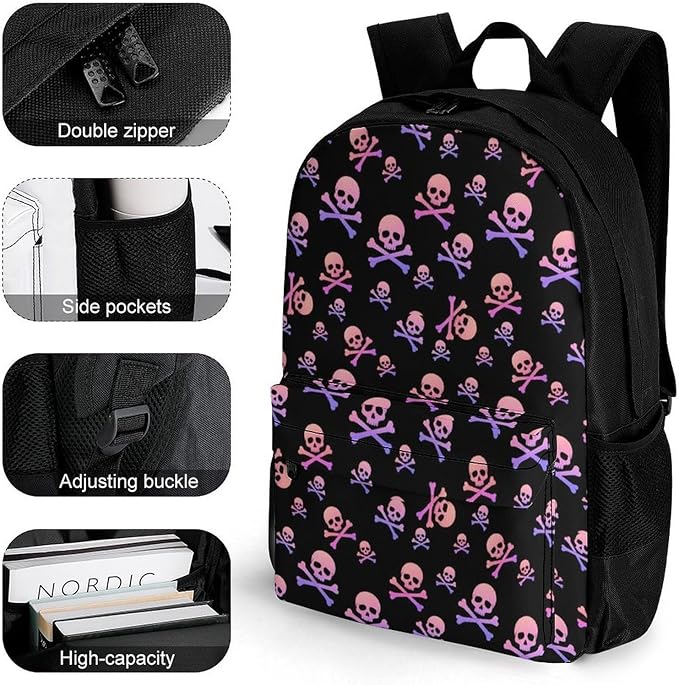 Polyester Daypack for Hiking Work Running, Big Capacity Anti-Theft Multipurpose Shoulder Bag, Purple And Pink Crossbones Skull Travel and Sport Backpack Rucksack