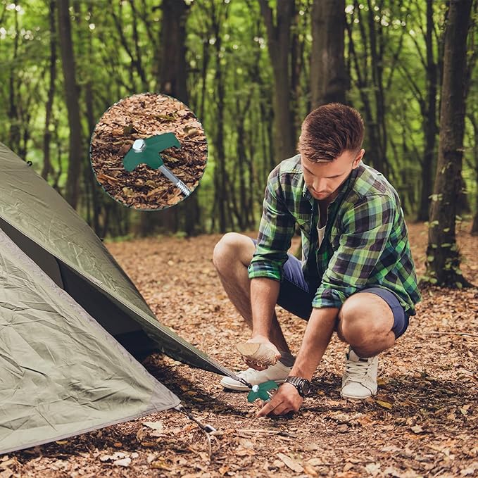 Hicarer 20 Pcs 12 Inch Tent Stakes Screw in Camping Stakes Heavy Duty Metal Spikes Ground Anchor Peg Threaded Tent Spikes with Hex Head Driver for Camping Garden Inflatable (Dark Green)
