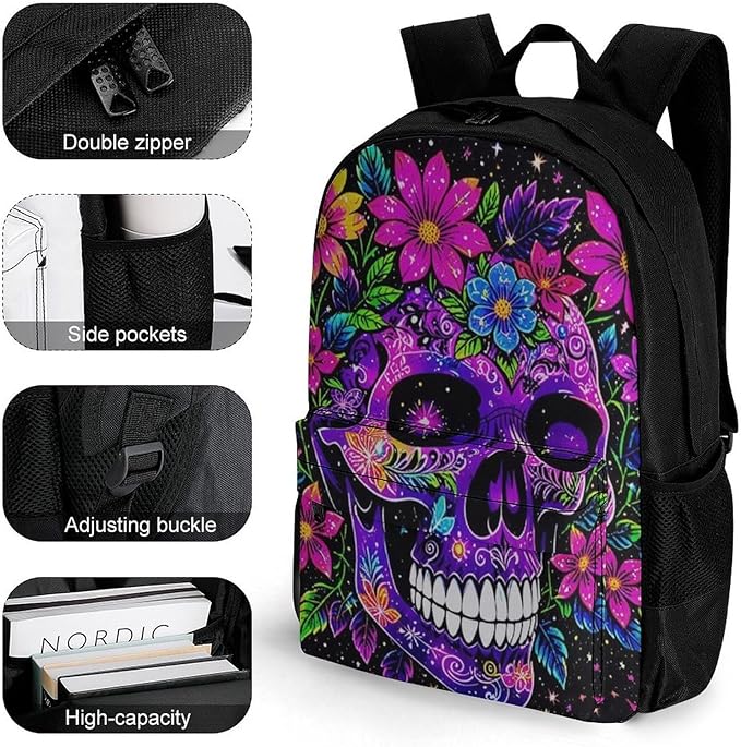 Supdreamc Rucksacks Multipurpose Anti-Theft Big Capacity Bookbag, Sugar Skull Flower Feathers Art Travel Hiking Camping Rucksack With Padded Straps