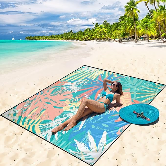 Beach Blanket Waterproof Sandproof Beach Mat 79" X 83"/10'x9'for 2-8 Adults Quick Drying Outdoor Picnic Mat Beach Accessories for Travel, Camping, Hiking