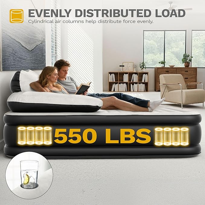 DWVO Queen Size Air Mattress with Headboard & Cup Holders, Blow Up Bed with Built-in Pump & Carry Bag, Fast Inflation Air Bed for Home, Guests & Camping, 60" x 80" x 36", Gray