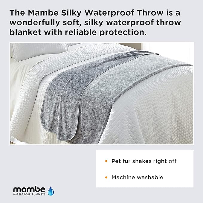 Mambe Silky Waterproof Throw for Protecting Furniture Bed Couch from Stains Caused by Dogs, Cats, Incontinence. Soft, Washable, Reversible. (Size Long/Sofa 70x120 inches, Color Serene)