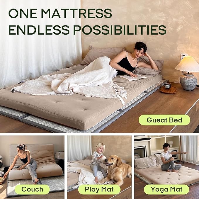 ZonLi Japanese Floor Futon Mattress Queen Size 80"x 60", 100% Cotton Cover 4'' Thicken Tatami Mattress, Foldable Sleeping Pad, Portable Dormitory Tatami Mat(Khaki)