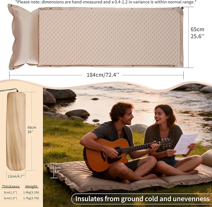 Self-Inflating Camping Mat - 1.2"/2" Thick Portable Air Mattress with Pillow for Outdoor, Hiking & Travel (Offwhite 2" for Single)