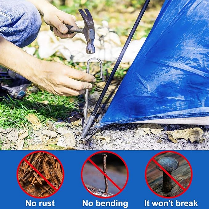 10 Pack 12”Galvanized Rebar Stakes J Hook, Heavy Duty J Hook Ground Anchors, Curved Steel Support Garden Stake with Chisel Point end for Fence Stakes, Canopies, Sheds, Swing Sets