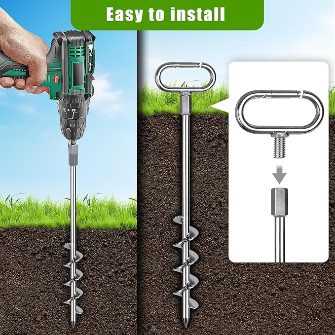 SELEWARE 17" Ground Anchors Screw in, 4 Pack Swing Set Ground Anchor Kit, High Wind Trampoline Stakes, Heavy Duty Wider Spiral Earth Anchor for Mobile Home, Tree, Tent, Shed, Carport, Securing Animals