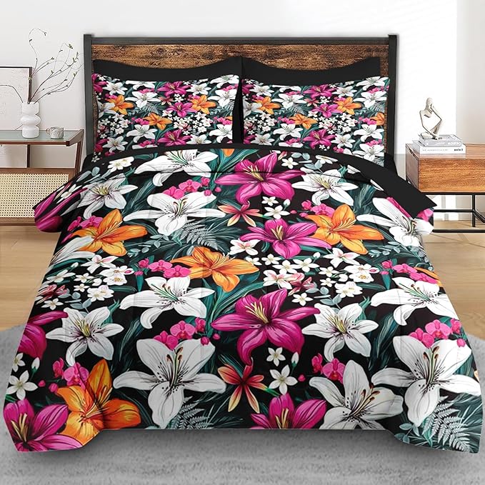 Comforter Set Full Size, Lilies Orange Pink Flowers 7 Pcs Bedding for Kids and Adults, Floral Blossom Hawaii Bed Sheet Sets with Fitted Sheet 2 Pillowcases & 2 Shams for Bedroom Bed Decor