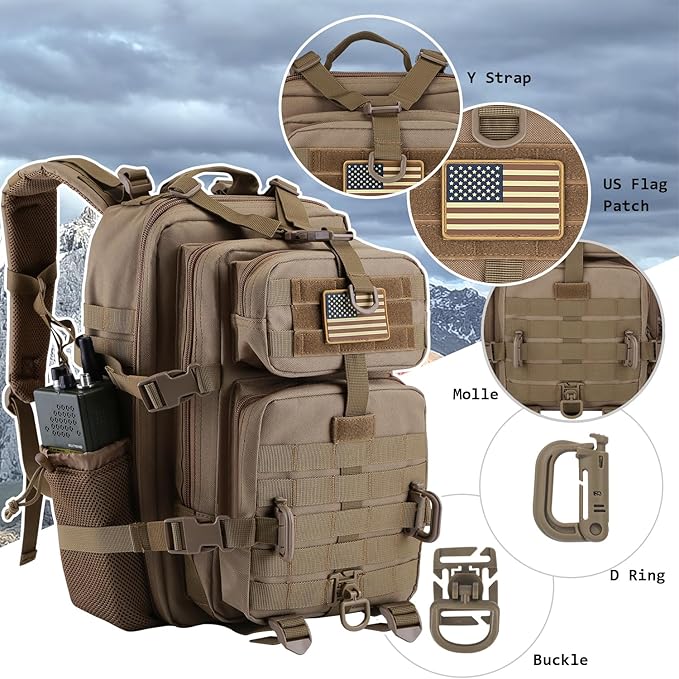 30L MOLLE Assault Pack, Tactical Backpack Military Army Camping Rucksack with Bottle Holder, 3-Day Pack, Khaki